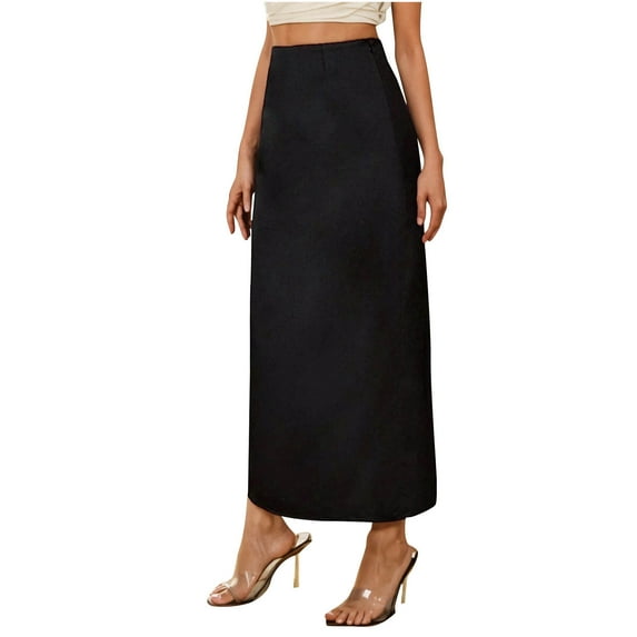 HomeGardon Maxi Skirts for Women Long Skirts Summer Womens Fashion Solid Color Satin Fabric Zipper Half Length Split Skirt,XS-XL
