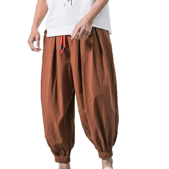 HomeGardon Mens Pants Big&Tall Men's Cotton Linen Harem Pants Drawstring Casual Cropped Trousers Lightweight Loose Fit Beach Yoga Pants with Pockets, Summer Beach Long Pants for Men,M-5XL