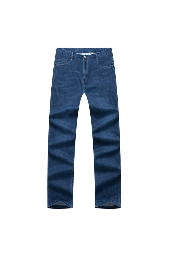 Mens Pants Mens Elastic Waist Jeans with Zipper and Button, Stretchy Denim Pants for Men Casual Loose Fit, Mens Straight Leg Full Length Washed Jeans Pants Work Pants S-5XL