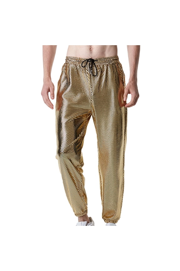 Mens Pants Night Club Metallic Hologram Shiny Pants Party Trousers Mens Metallic Disco Pants 70s/80s Sequin Pants Drawstring Waist Party Club Pants Shiny Jogger S-3XL