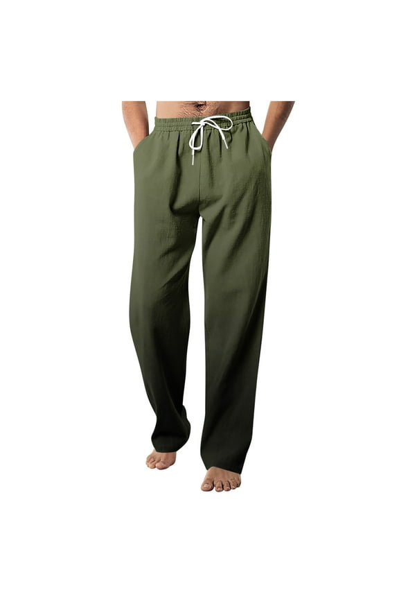Mens Pants Saving Mens Casual Linen Pants Loose Fit Elastic Drawstring Waist Straight-Legs Summer Yoga Beach Long Pants, Lightweight Lounge Full Length Trousers Pajamas S-5XL