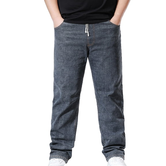 HomeGardon Mens Jeans Pants for Men Fashion Solid Color Business Elastic Waist Elastic Large Straight Loose Pocket Denim Pants