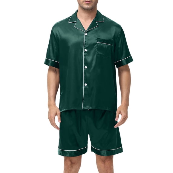 HomeGardon Mens Pajamas Sets Lounge Sets for Men Buttons Turn Down Collar Short Sleeves Shorts Satin Casual Loungewear Pajamas Set