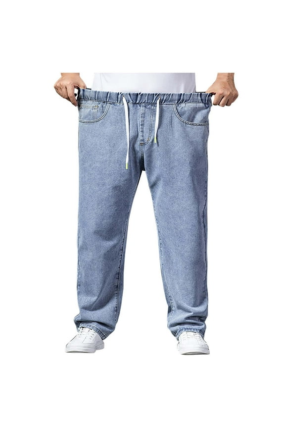 Mens Pants Clearance Sale! Men's Regular&Plus Fit Straight Leg Jeans Casual Drawstring Elastic Waist Denim Pants Lightweight Carpenter Jean Blue M-5XL
