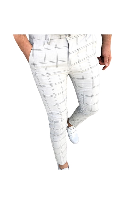 Mens Pants Black Houndstooth Pattern Pants Men Slim Fit Fashion Button Zipper Closure Plaid Casual Pencil Pants Trousers,S-2XL