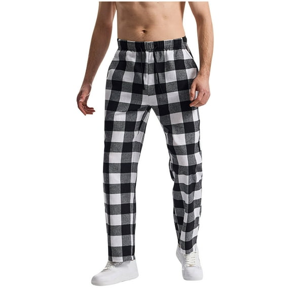 HomeGardon Mens Pants Men Casual Fashion Elastic Waist Plaid Fabric Trousers Elastic Straight Long Pants,S-XXXL