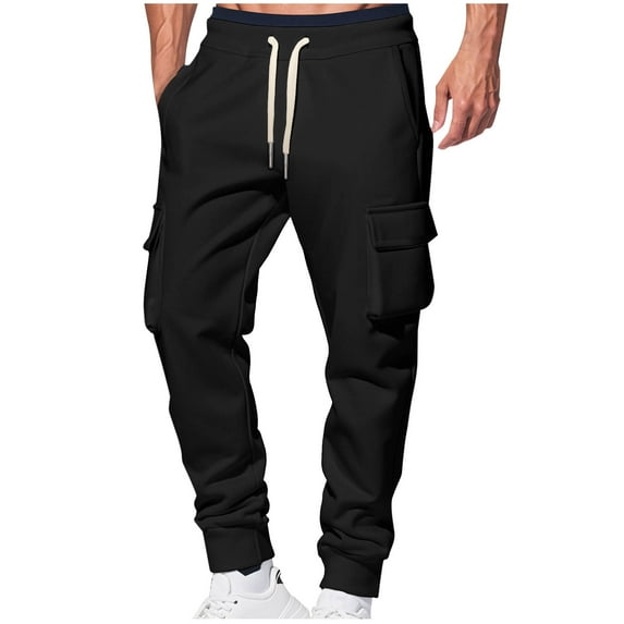 HomeGardon Mens Pants Men Fashion Solid Color Pocket Drawstring Elastic Waist Straight-leg Cargo Pants,M-XXXL