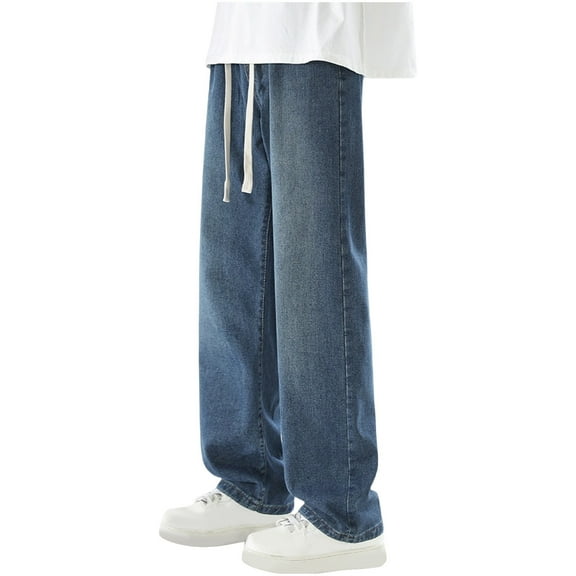 HomeGardon Mens Pants Men's Outdoor Pocket Elastic Waist Drawstring Solid Color Denim Wide Leg Pants,S-XXXL