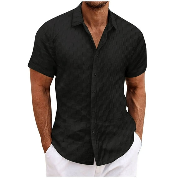 HomeGardon Mens Shirts Turn Down Collar Short Sleeve,Mens Shirts Turn Down Collar Casual Solid-Color Checkered Button Short Sleeve Turndown Collar Shirt,S-XXXL