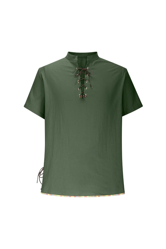 Mens Shirts Boho Short Sleeve Breathable Mandarin Collar Casual Blouse with Lace-Up Neck and Side Drawstrings