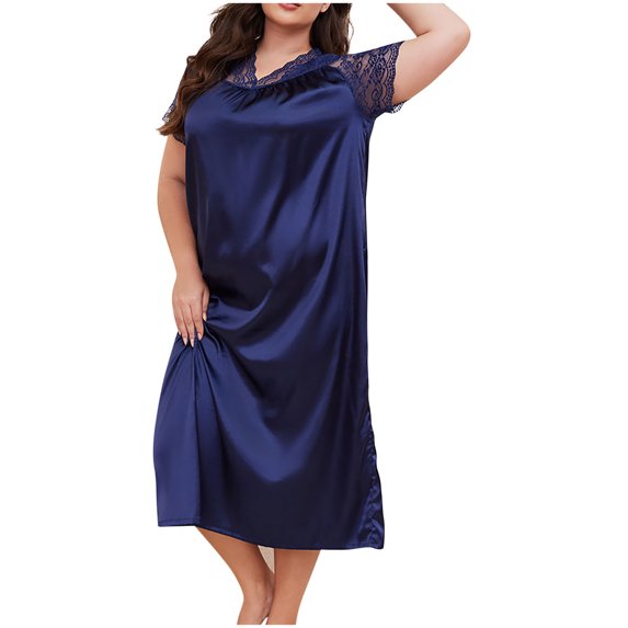 HomeGardon Nightgowns for Women,Summer Dresses Fashion Women Loose Casual Plus Size Solid Color Home Service Ice Silk Short Sleeve Lace Stitching Nightdress,XL-XXXXXL