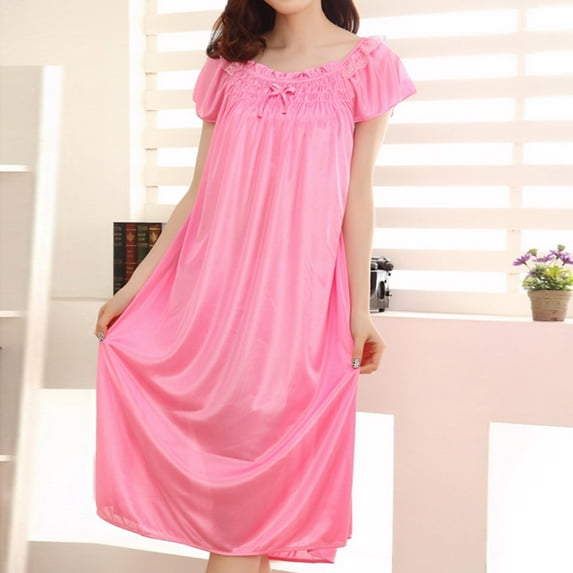 HomeGardon Nightgowns for Women,Summer Dresses Fashion Women Easy Solid Color Bow Fold Short Sleeve Ice Silk Long Sleepshirts