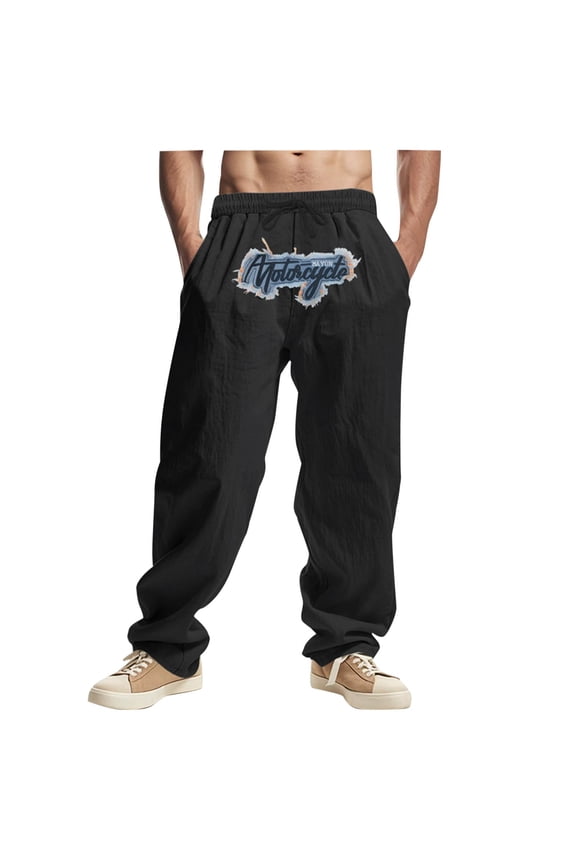 Pants for Men Drawstring Linen Pants Man Solid-Color Loose Casual-Linen Embroidered Pocket Elastic-Waist Full Length Pants,S-XXXL