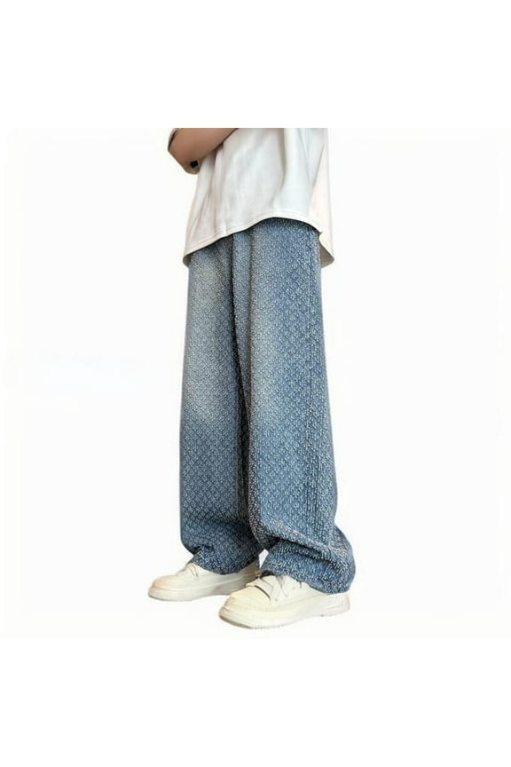 Pants for Men Jeans Pant Man Solid Color Acquard Pattern Rinsing Jeans Straight Barrel Trousers,M-XXXXXL