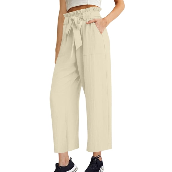 HomeGardon Pants for Women WWomens Solid Color Pocket High Waist Lightweight Adjustable Lace Up Knot Loose Pants,S-XXL