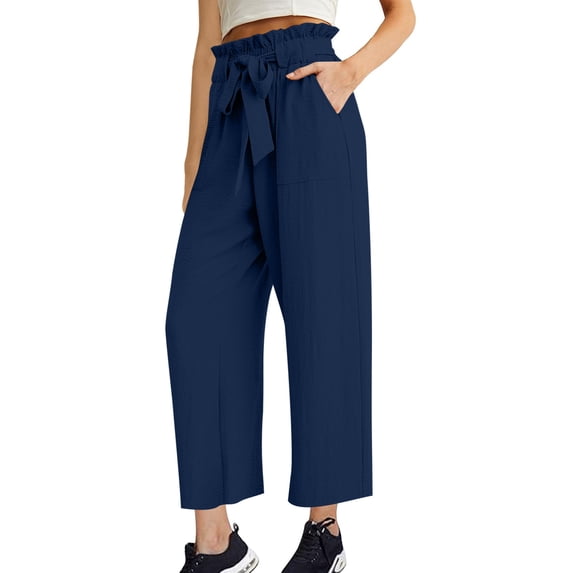 HomeGardon Pants for Women WWomens Solid Color Pocket High Waist Lightweight Adjustable Lace Up Knot Loose Pants,S-XXL
