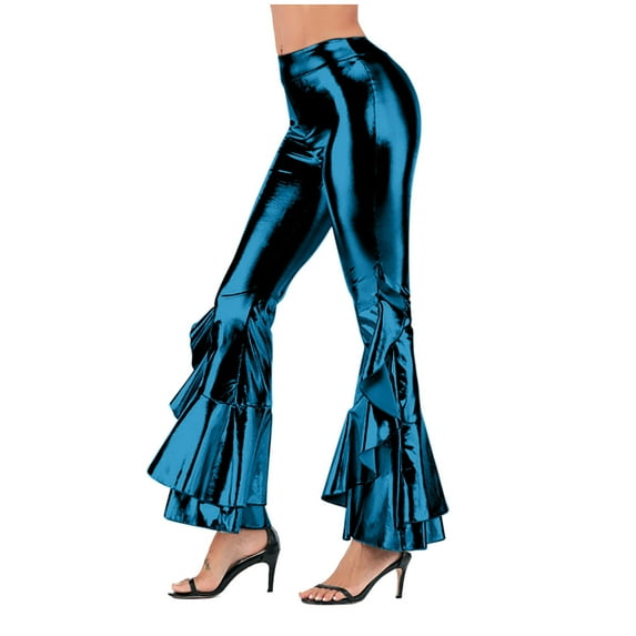 HomeGardon Pants for Women Women's Stage Light Faux Leather Wide Waist Irregular Flared Pants Nightclub Wide Leg Pants,S-XXXL