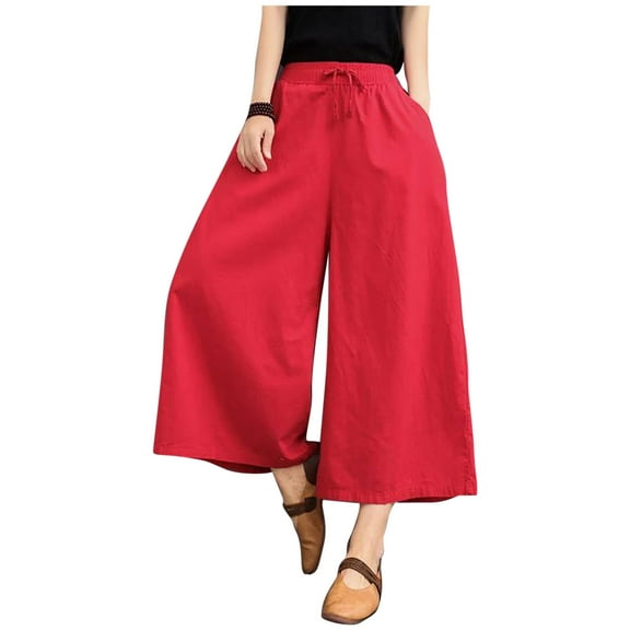 HomeGardon Pants for Women Women's Solid Color and Linen High Waisted Wide Leg Pants,XXXL-XXXXL