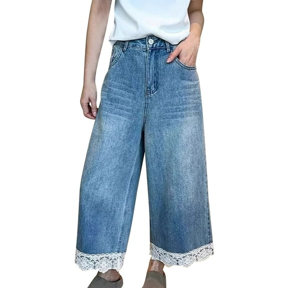 HomeGardon Pants for Women Womens Lace Pants with Oversized Hems Cinched Waist Wide Legs Loose and Casual Cropped Pants,S-XXXXXL