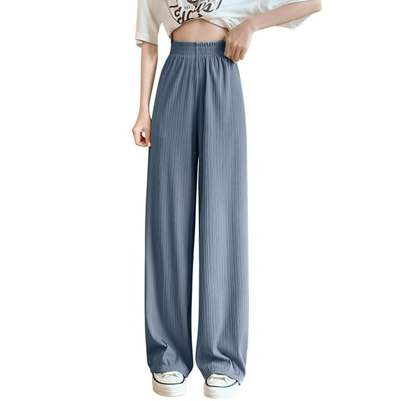 HomeGardon Pants for Women Womens Solid Color High Waist Hanging Loose Straight Leg Casual Ice Silk Wide Leg Pants,S-XXL