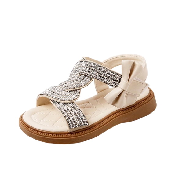 HomeGardon Sandals for Girls Dress Shoes Big Kids Spring and Summer Sweet Bow Princess Sandals for Children Pearl Rhinestone Solid Color Sandals
