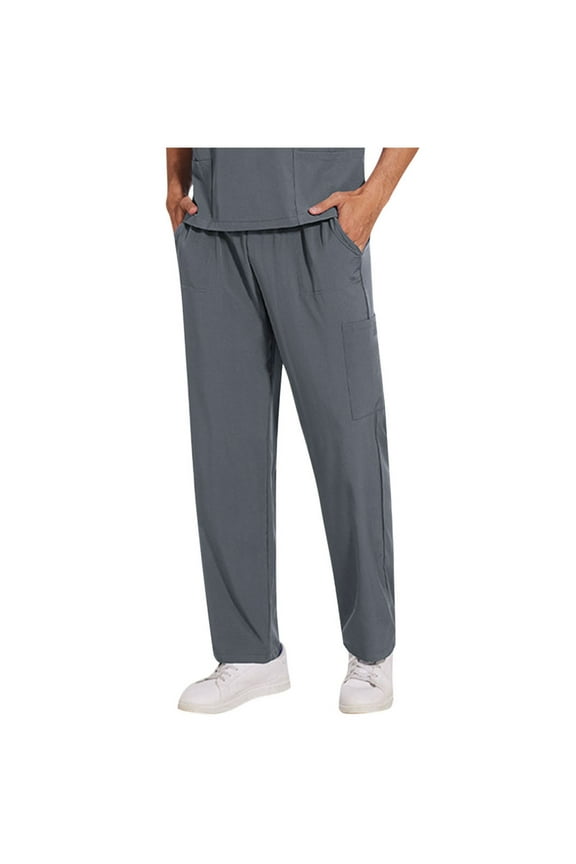 Scrub Pants for Men Straight Leg Workwear Uniform Bottoms Man's Solid Color Straight Barrel Draw Rope Elastic Waist Multiple Pockets Nursing Worker Pants,S-XXL