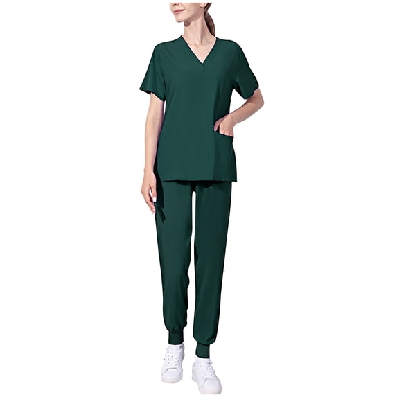 HomeGardon Scrub Set for Women Workwear Uniform Outfit Sets Women's Short-Sleeved Solid Color Pocket-Neck Nurse Suit,XXXL-XXXXXL