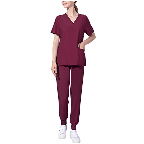 HomeGardon Scrub Set for Women Workwear Uniform Outfit Sets Women's Short-Sleeved Solid Color Pocket-Neck Nurse Suit,XXXL-XXXXXL