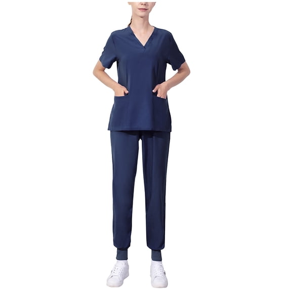 HomeGardon Scrub Set for Women Workwear Uniform Outfit Sets Women's Short-Sleeved Solid Color Pocket-Neck Nurse Suit,XXXL-XXXXXL