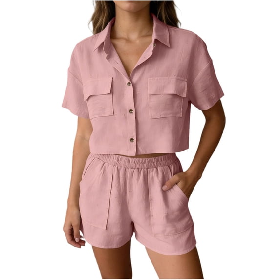 HomeGardon Sets for Women Fashion Casual Solid Color Lapel Pocket Short Sleeve Cardigan Top Elastic Waist Pocket Shorts Two Piece Set