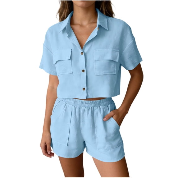HomeGardon Sets for Women Fashion Casual Solid Color Lapel Pocket Short Sleeve Cardigan Top Elastic Waist Pocket Shorts Two Piece Set