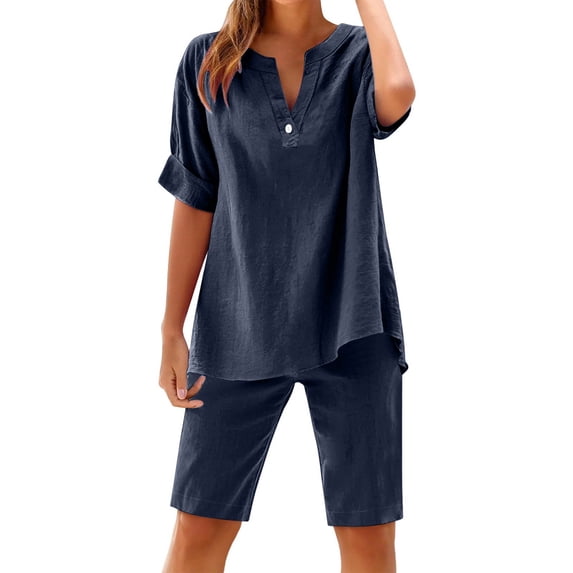 HomeGardon Sets for Women Summer and Linen Shorts Pants Short Sleeve Shirt Set Casual Two Piece Suit Short Sleeve V Neck Top/Shirt Set