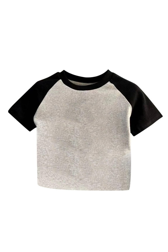 Shirts for Girls Summer Children's Color Matching All-match Short-sleeved T-shirt Bottoming Shirt Top for Middle and Large Children,Gray
