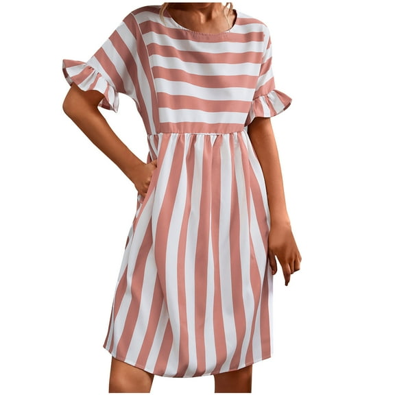 HomeGardon Short Dresses for Women Summer,Women's Fashion Casual Spring and Summer Short Sleeve Round-Neck Stripe Splicing Dress