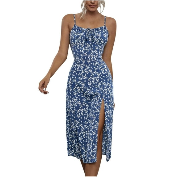 HomeGardon Sleeveless Dress for Women Fashion Women Summer Casual Print Square-Neck Camis Sleeveless Long Dress