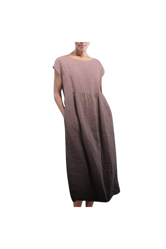 Sleeveless Dress for Women Women Summer Cotton Linen Dress Sleeveless Crew Neck Loose Baggy Kaftan Long Dress with Pockets