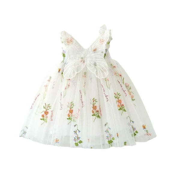 HomeGardon Girls Dress,Toddler Dress for Girls Fashionable Children's Floral Winged Skirt Sleeveless Suspender Mesh Casual Dress,80-130