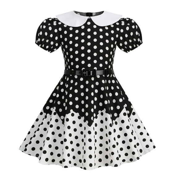 HomeGardon Girls Dress,Toddler Dress for Girls Girl's Ummer Waist Collection Polka Patchwork Doll Neck Short Sleeved Round Neck Dress,110-150