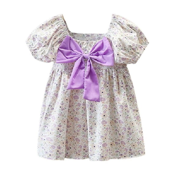 HomeGardon Girls Dress,Toddler Dress for Girls Girls Puff Sleeve Dress Sweet Knot Collar Floral Print Dress Cute Dresses for Girl,2Y-7Y