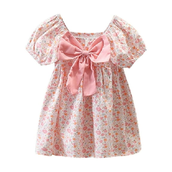 HomeGardon Girls Dress,Toddler Dress for Girls Girls Puff Sleeve Dress Sweet Knot Collar Floral Print Dress Cute Dresses for Girl,2Y-7Y