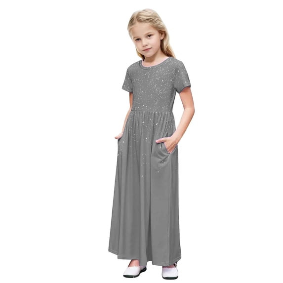 HomeGardon Girls Dress,Toddler Dress for Girls Toddler Kids Girls Cute Sparkling Print Short Sleeve Stretchy Pocket Dress A Line Long Dress,120-170