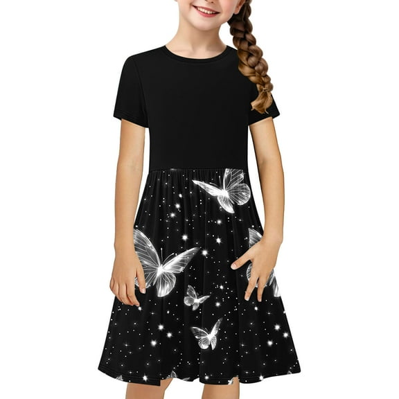 HomeGardon Girls Dress,Toddler Dress for Girls Toddler Kids Girls Cute Splicing Print Short Sleeve Stretchy Dress A Line Dress,120-170