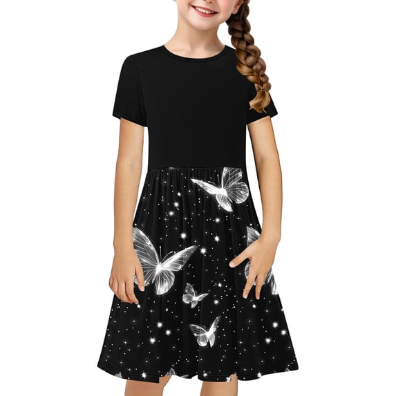 HomeGardon Girls Dress,Toddler Dress for Girls Toddler Kids Girls Cute Splicing Print Short Sleeve Stretchy Dress A Line Dress,120-170