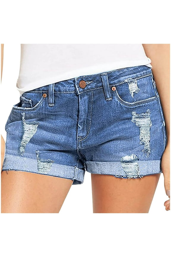 Women Summer High Waisted Sewn Cuffed Hem Buttons Denim Jean Shorts Women's Casual Ripped Denim Shorts Distressed Rolled Hem Jeans Shorts Black锛孲-XXL