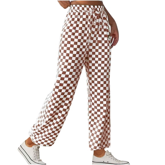 HomeGardon Women's Wide Leg Pants,Pants for Women Fashionable Checkered Straight Leg Casual Pants with Wide Legs,S-XXL