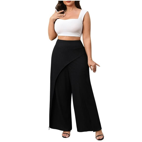 HomeGardon Women's Wide Leg Pants,Pants for Women Large Size Fashion Solid Color High Waist Nine Quarter Pants,XL-XXXXL