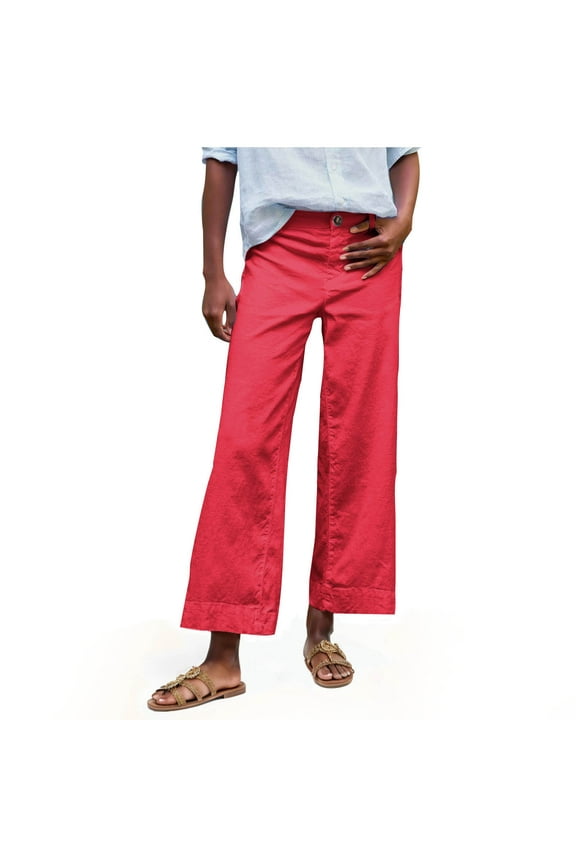 Women's Linen Pants,Women's Casual Button Waist Linen Straight Leg Nine - quarter Pants,S - XXL
