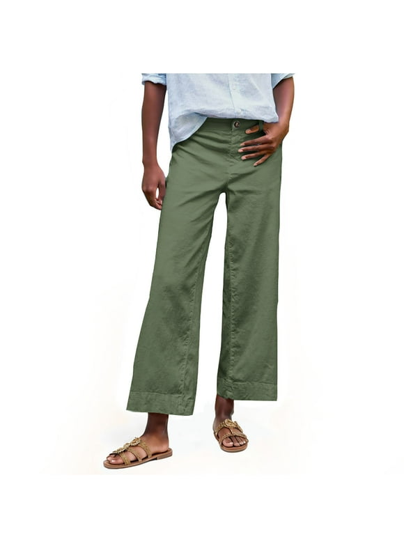 Women's Linen Pants,Women's Casual Button Waist Linen Straight Leg Nine - quarter Pants,S - XXL