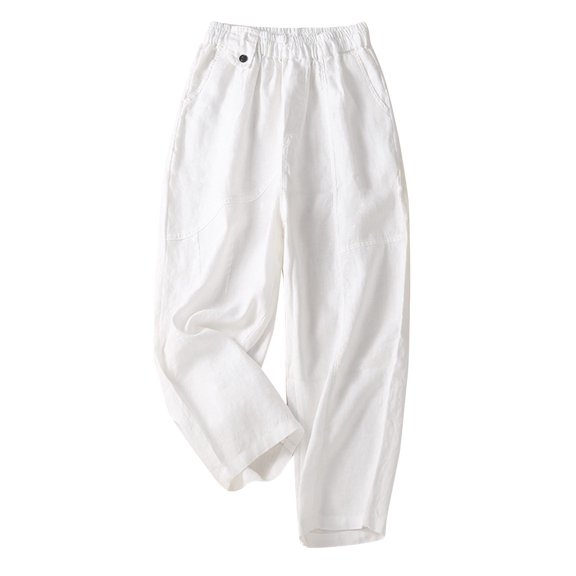 HomeGardon Womens Linen Pants,Women's Solid Color Elastic High Waisted Cropped Pants Cotton and Linen Casual,M-XXL