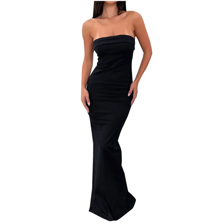 HomeGardon Summer Dresses for Women Summer Bodycon Maxi Tube Dress Ribbed  Strapless Side Slit Long Going Out Casual Elegant Party Dresses Full Length  Black,S-L